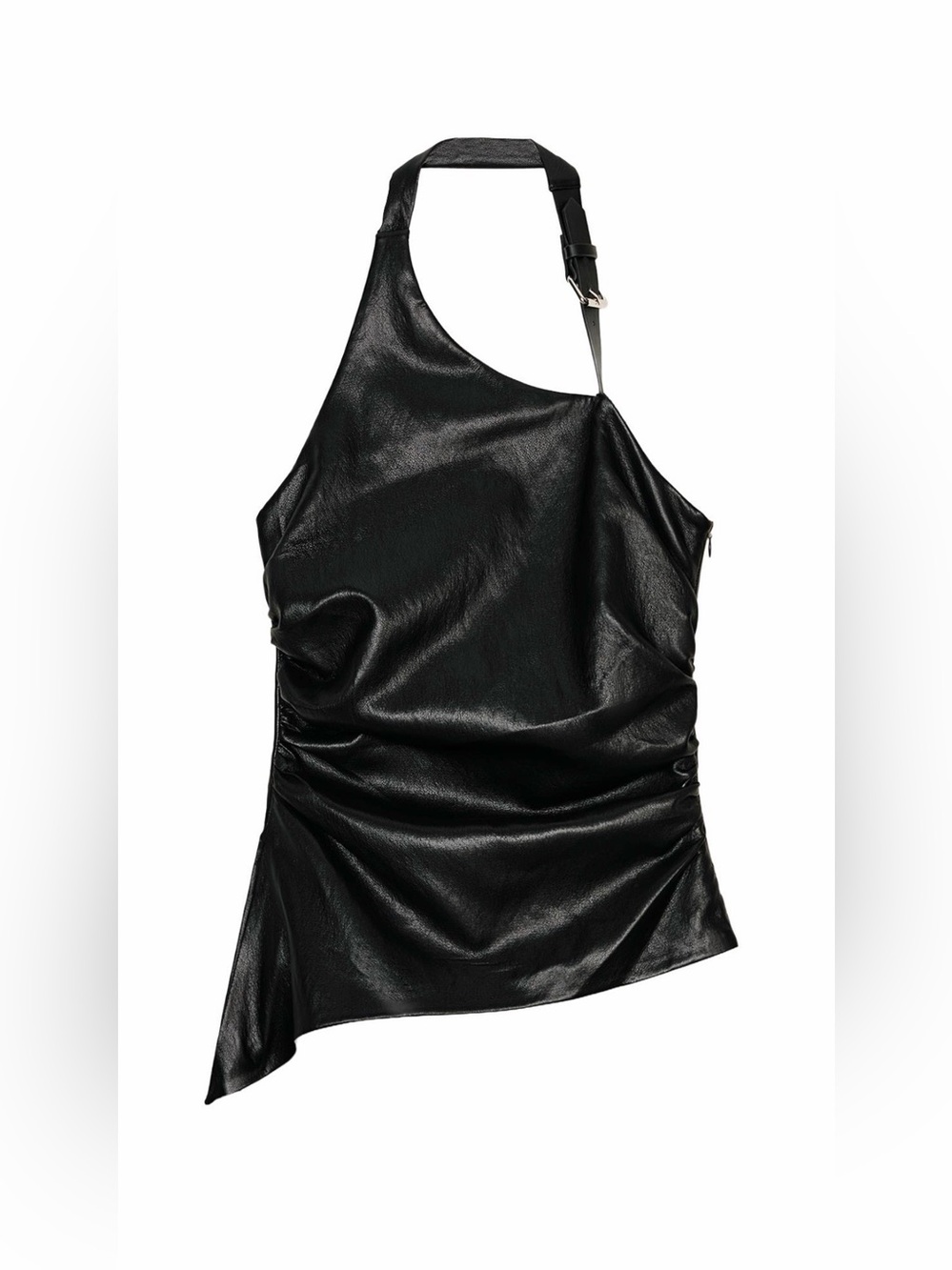 Zara Faux Leather Asymmetrical Halter Top with Buckle Strap